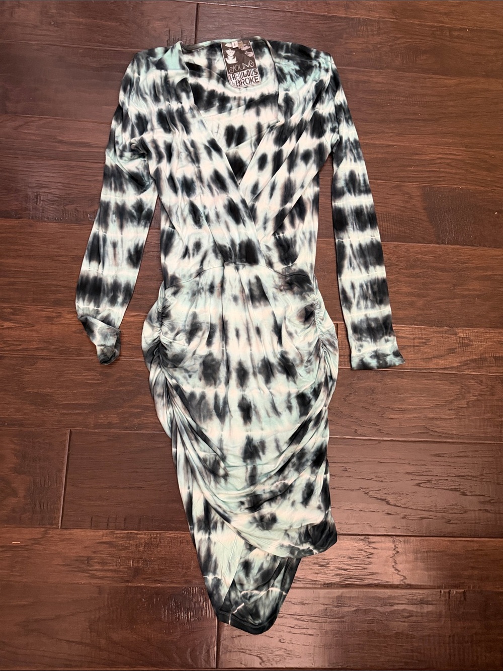 Young Fabulous & Broke Dress Black and White Tie-Dye Long Sleeve Ruched Wrap